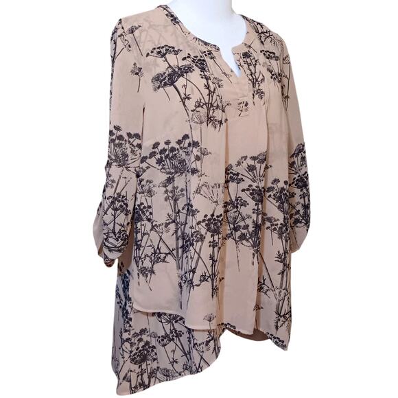 Artsy Boho Semi Sheer Tunic Top Blouse Loose SM Floral Cottagecore Beige Pink - Picture 2 of 13